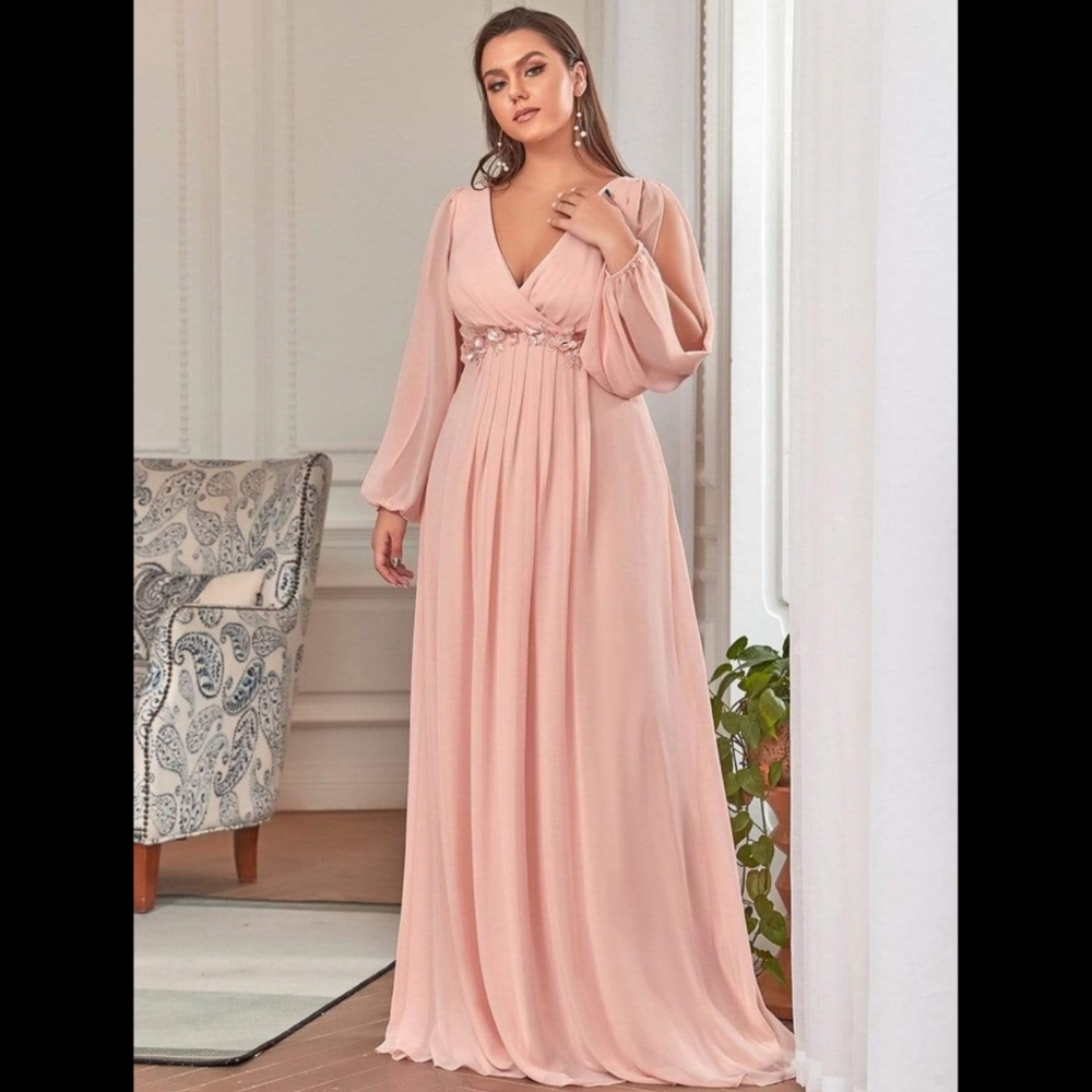 Chiffon Formal Maternity Dress with Long Lantern Sleeves in Pink Plus Size 22